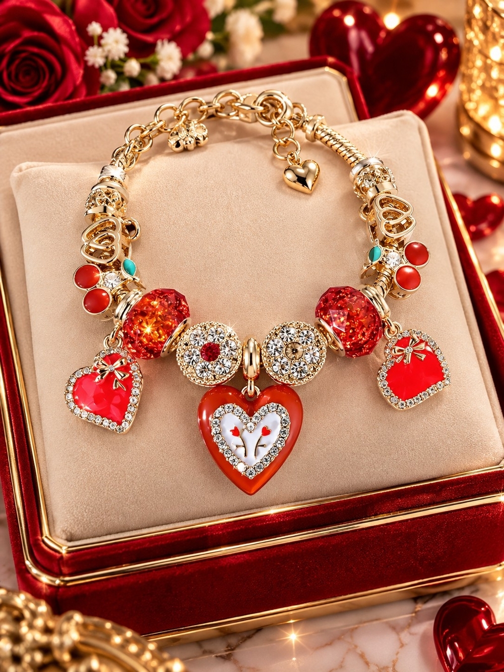 Gold-Plated Red Heart Charm Bracelet - Elegant Women’s Jewelry